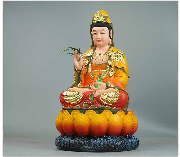 观音菩萨佛像坐莲花南海观世音菩萨神像树脂彩绘睁眼观音镇宅摆件