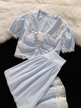 法式套装裙女娃娃领短袖上衣短款衬衫女蕾丝拼接半身中长裙两件套