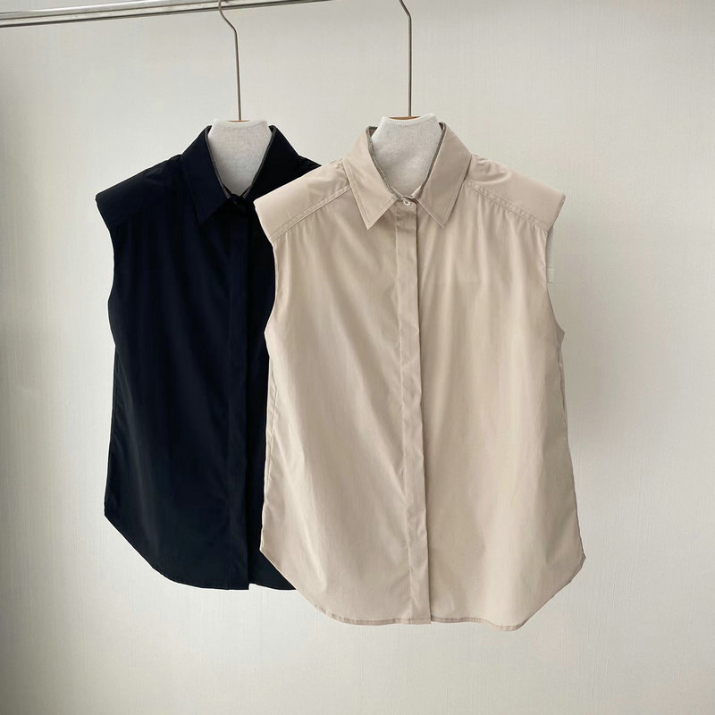 24春夏新款bc风格精梳棉混纺无袖衬衣重工珠链装饰纯色衬衫女