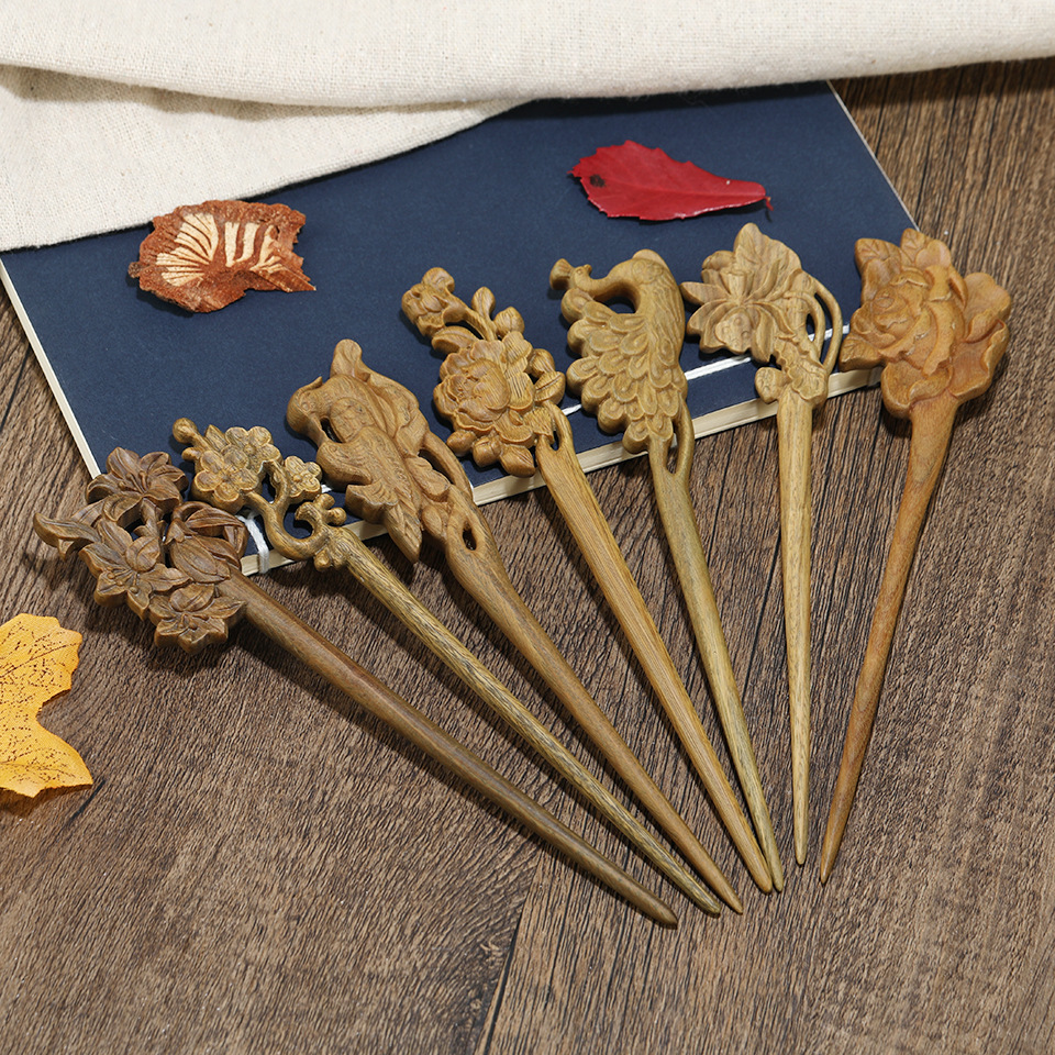 古风发簪古代宫廷绿檀木簪子中国风发饰淑女盘发钗古典檀木簪子女