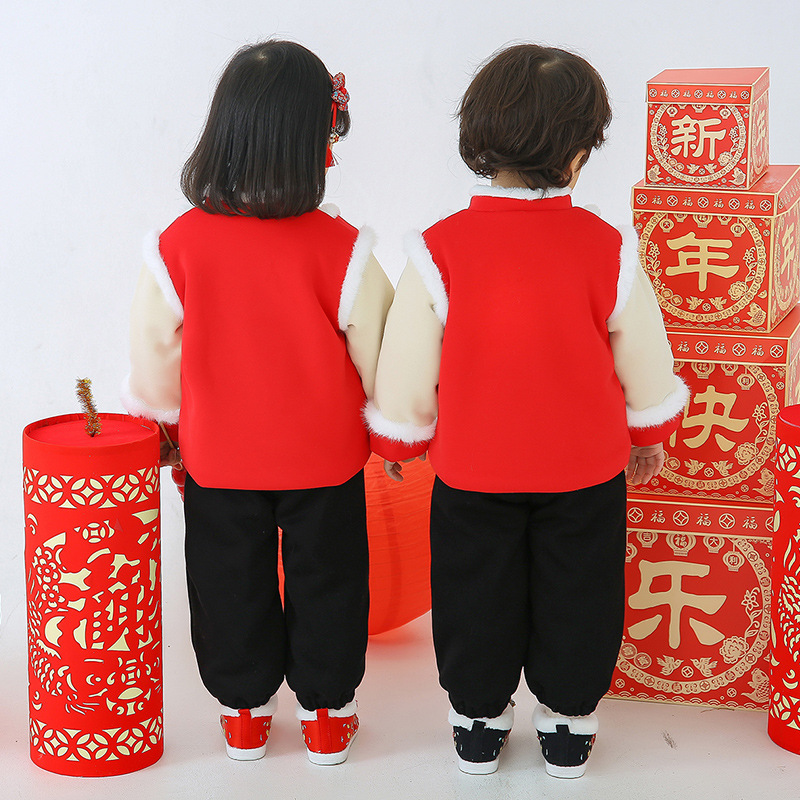 Children New Year Clothes Traditional Chinese Garments for Boys Girls' Han Chinese Costume Children Cotton-Padded Jacket Cotton Clothes New Year Dress New Year's Day Costume Suit