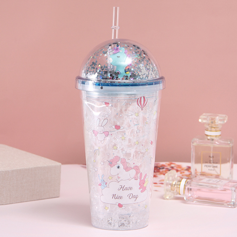 New Creative with Light Double-Layer Plastic Cup Unicorn Doll Ice Crushing Water Cup Portable Student Couple Cup with Straw