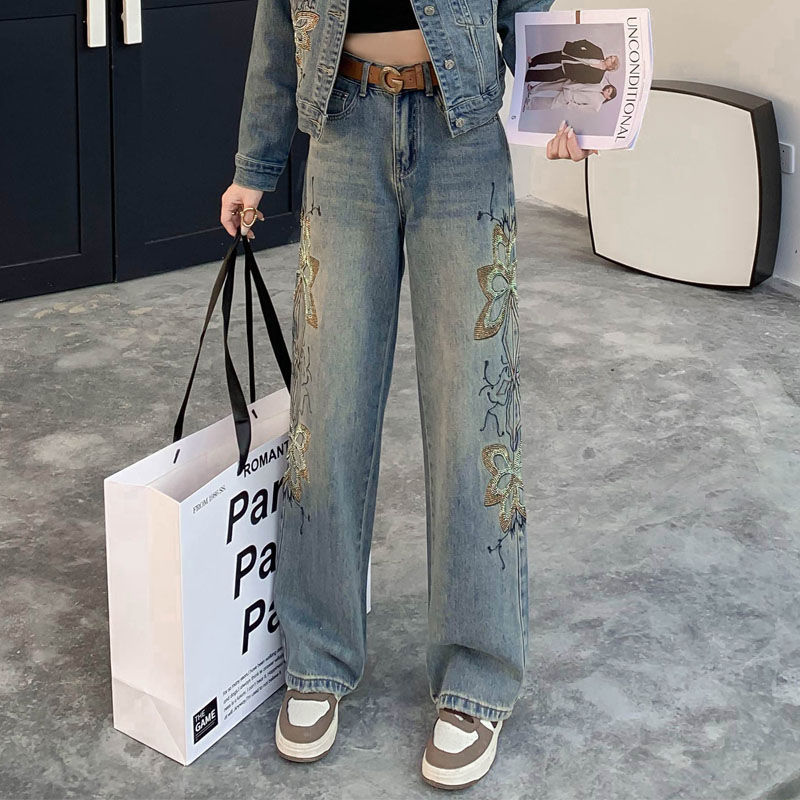 European Station High Waist Jeans Baggy Straight Trousers Women's Embroidery Personality All-Matching Wide Leg Mop Trousers Ius European Goods