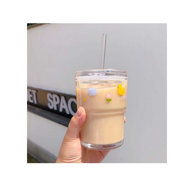 Cartoon Glass Cup Girly Heart Milky Tea Cup Large Capacity Juice Cup Milk Cup Student Water Cup Cup with Straw