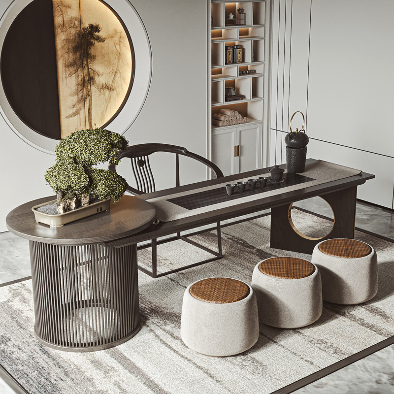 新中式茶桌椅组合轻奢实木茶台禅意茶室现代简约茶艺泡茶桌家具