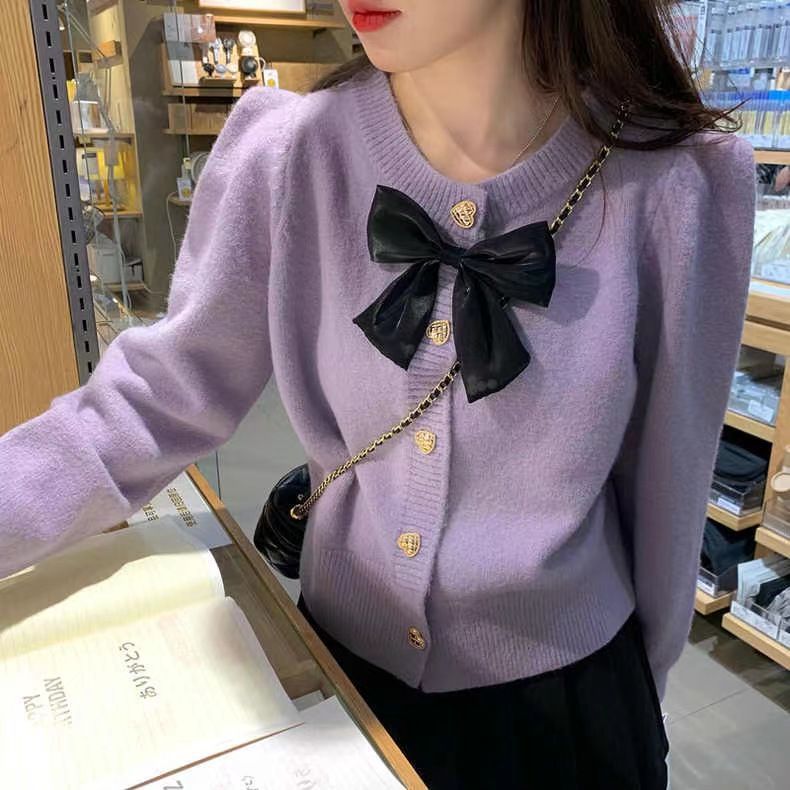 Japanese Sweet Taro Purple Bow Knitted Cardigan for Women 2023 Spring and Autumn New Chanel Style Sweater Coat Top