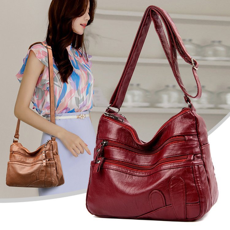 外贸跨境新款水洗皮女包韩版单肩包拼接软皮大容量中年女士斜跨包