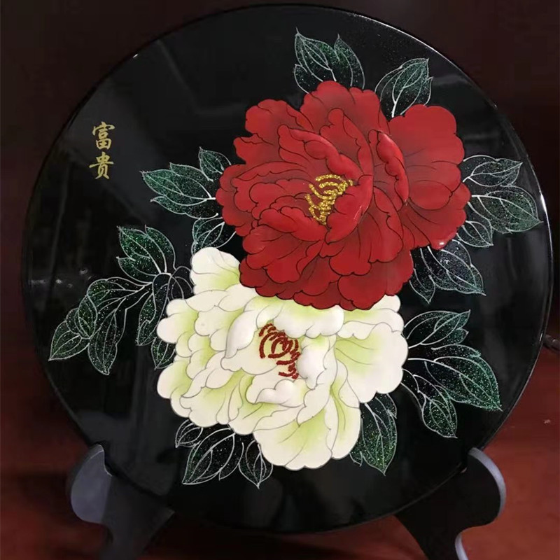 手工彩绘漆器工艺品摆件木质描金彩绘漆画圆盘山西风光装饰品定制