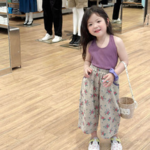 韩国童装2024夏季新款女童洋气坑条背心套装儿童碎花阔腿裤套装