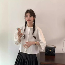 韩国东大门e*g衬衫女2024年夏季新款长袖花边单排扣甜美开衫上衣