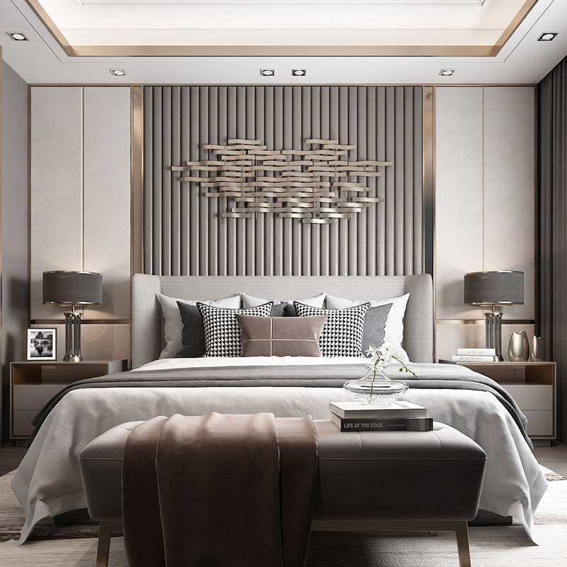 卧室床头轻奢硬包背景墙客厅现代电视影视墙沙发软包金属条护墙板