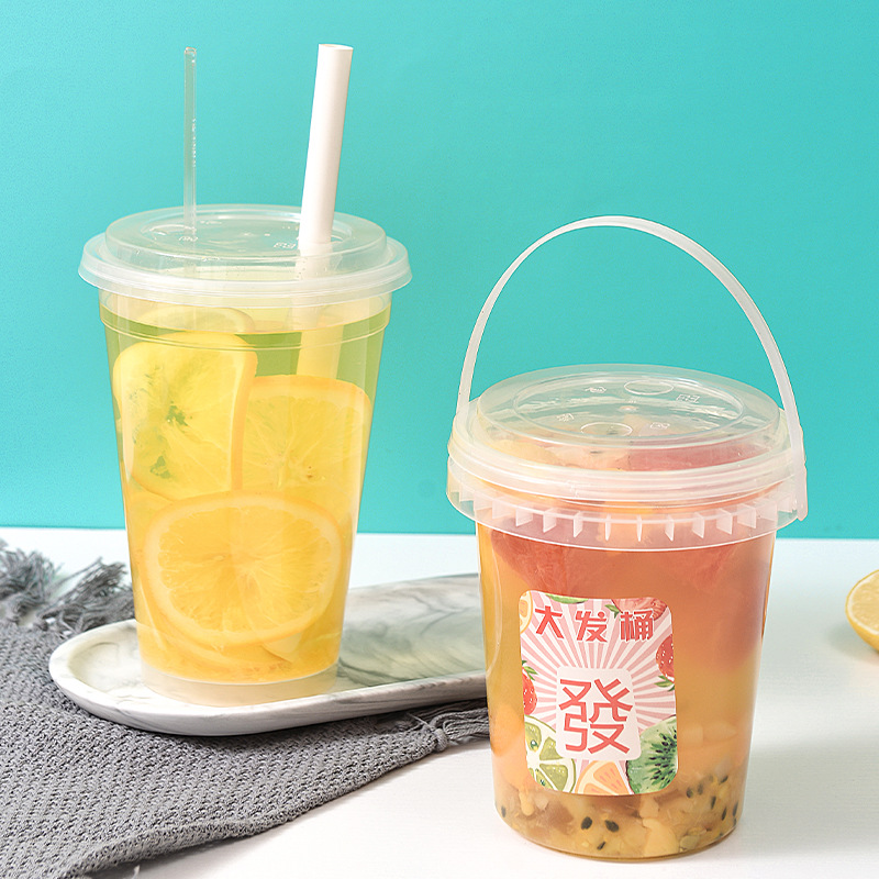 一次性水果桶 手提塑料水果茶桶注塑杯1000ml奶茶杯超大外卖桶