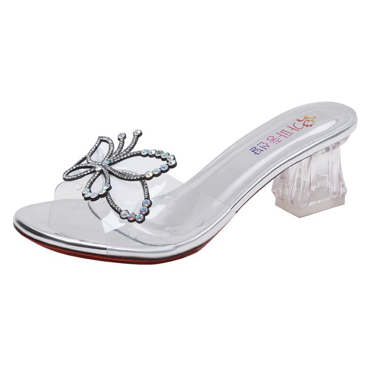 Women's Slippers New 2023 Summer Sandals Medium Chunky Heel Transparent Slippers Fairy Style All-Matching Bow Slippers Women's