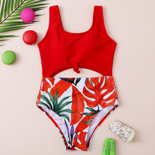 Tropical Leaf Girl One Piece Swimsuit Kids Cut Out Knot Chil