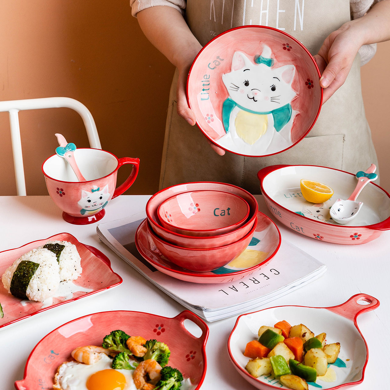日式儿童餐具陶瓷餐具套装小花猫手绘盘子陶瓷碗泡面碗家用碗碟