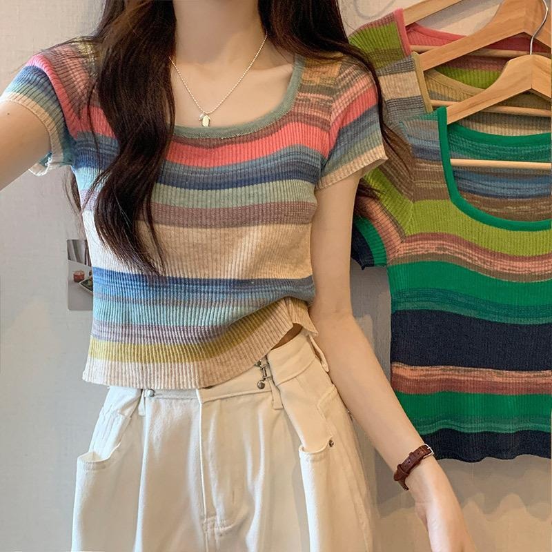 彩虹条纹方领短袖T恤女修身夏季2024年新款薄款冰丝针织短款上衣