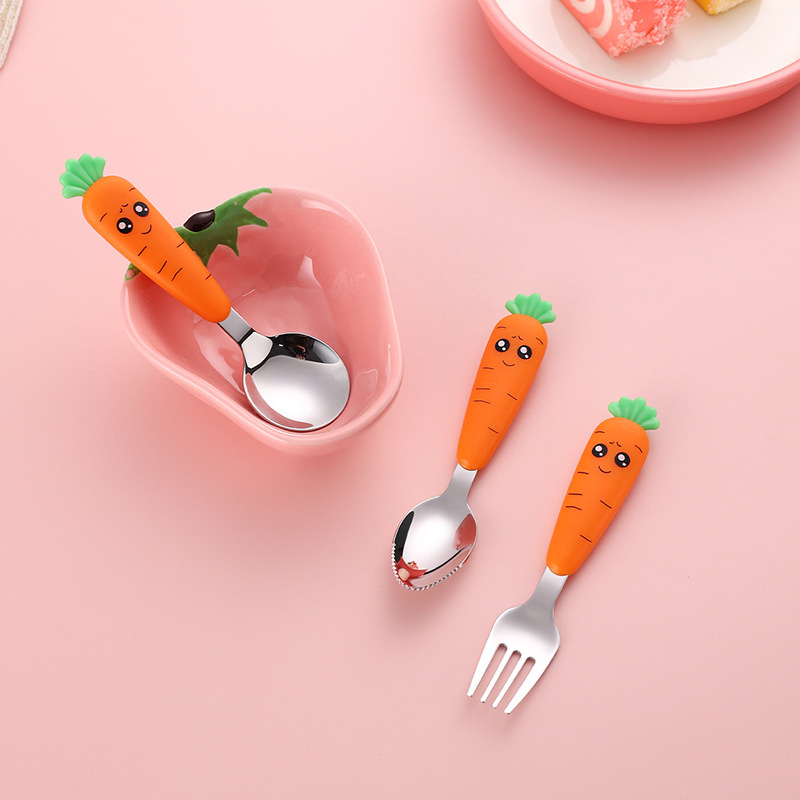 Carrot 304 Stainless Steel Tableware Cartoon Baby Spoon Baby Solid Food Spoon Fork Children‘s Tableware Set