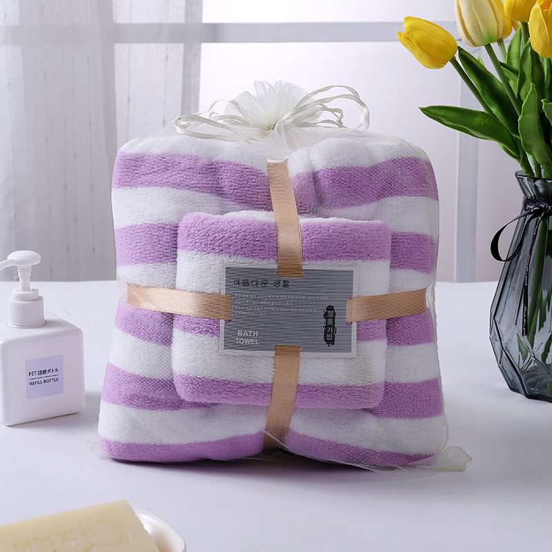 Coral Fleece Towels Cut Edge Child and Mother Set Wide Striped Coral Fleece Bath Towel Household Thickened Soft Big Towel