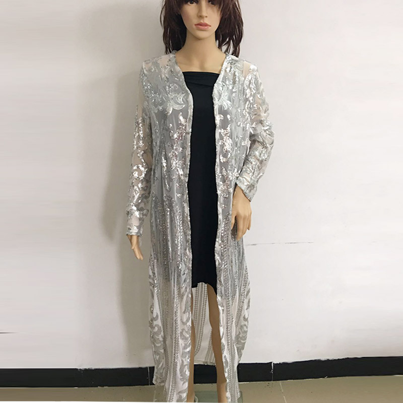 2023 Factory Direct Sales Best Seller in Europe and America Foreign Trade Cross-Border Ball Show Long Sleeve Sequins See-through Voile Sequin Cardigan