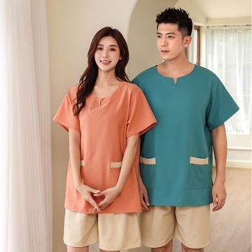新款男棉质休闲居家纯色汗蒸服女情侣套装洗浴中心家居服浴服批发