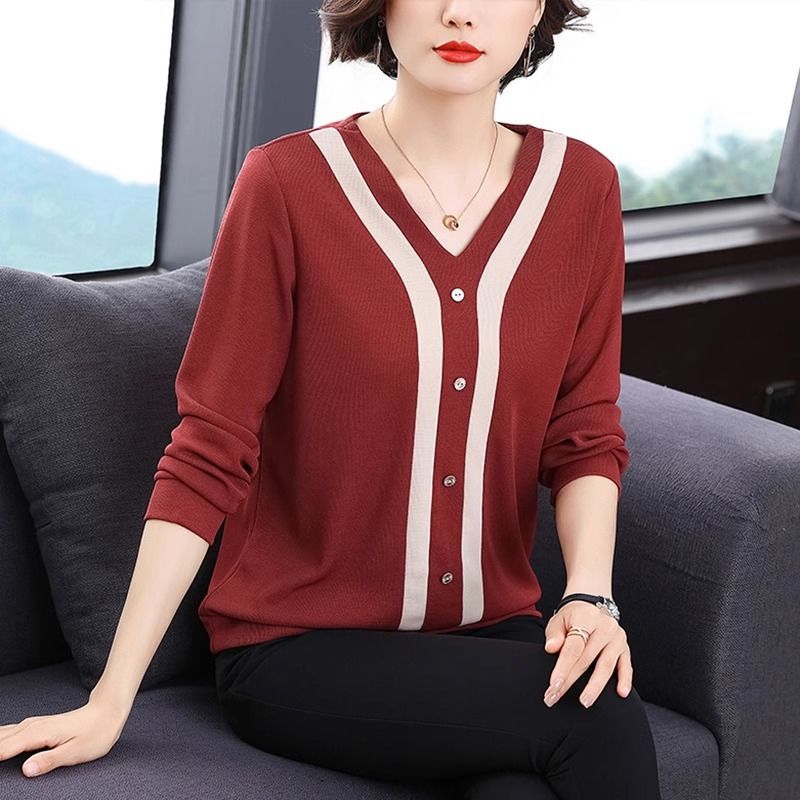 棉料长袖t恤女秋季新款中老年妈妈装秋衣外穿打底衫v领洋气上衣服