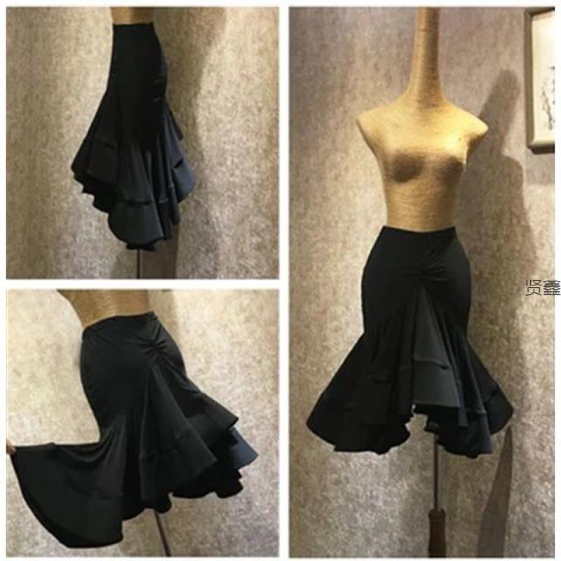 拉丁舞鱼骨裙成人女斜摆包臀大裙摆艺考演出服 练功裙 伦巴半身裙