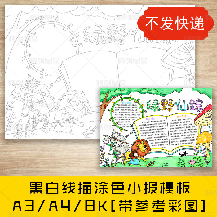 cc396绿野仙踪黑白线描涂色手抄报小学生读后感好书推荐小报模板
