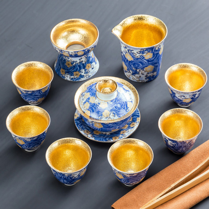 高档金茶具礼盒功夫茶具景德镇珐琅彩办公泡茶陶瓷鎏金整套茶具