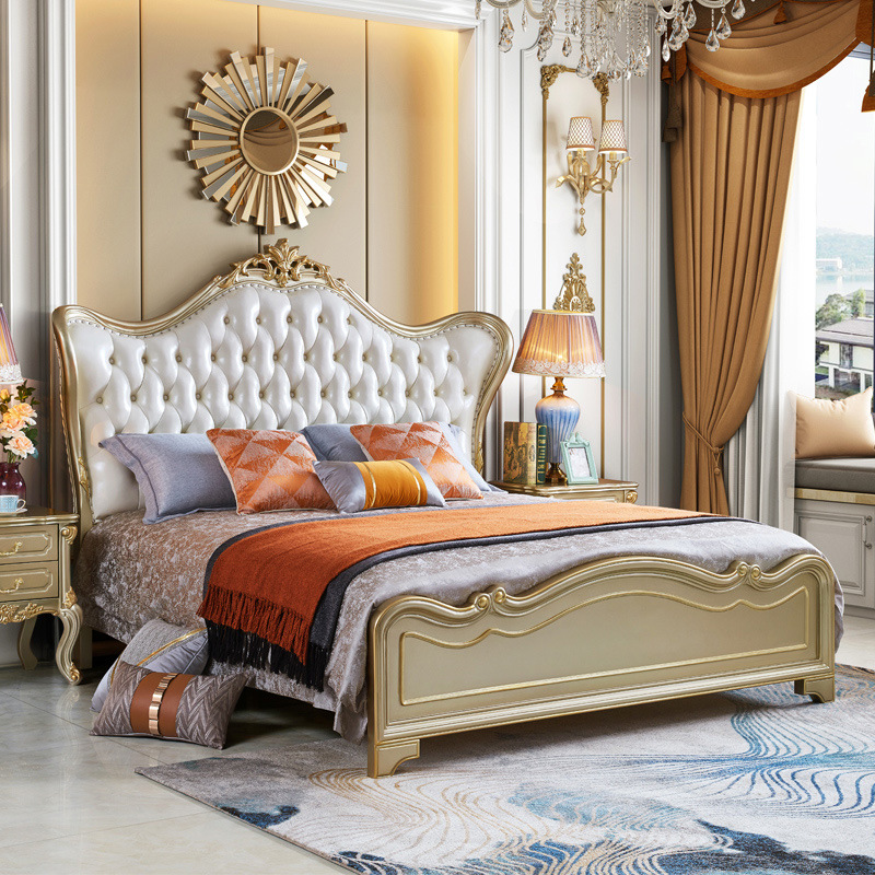 欧式轻奢双人床公主床主卧室家具1.8米实木大床香槟金美式皮床