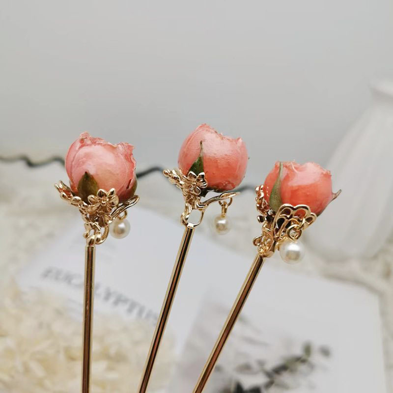 手工发簪玫瑰花朵滴胶汉服气质超仙中国风发饰批发新款真花发叉饰