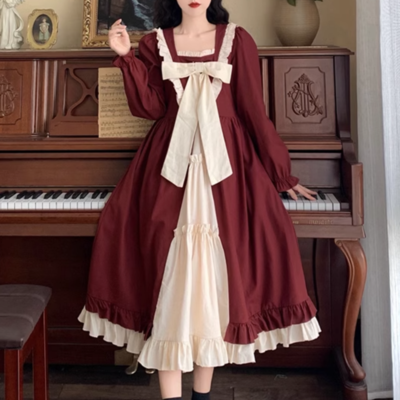 法式复古红色学院风长裙子秋冬大码甜美蝴蝶结洛丽塔lolita连衣裙