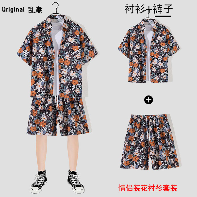 Couple Beach Suit 2022 Hawaii Quick-Drying Loose Casual Trend Thin Printed Pointed Collar Printed Shirt Men