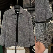 春季男士新款高级感百搭编织小香风衬衫上衣潮流灰色复古长袖外套