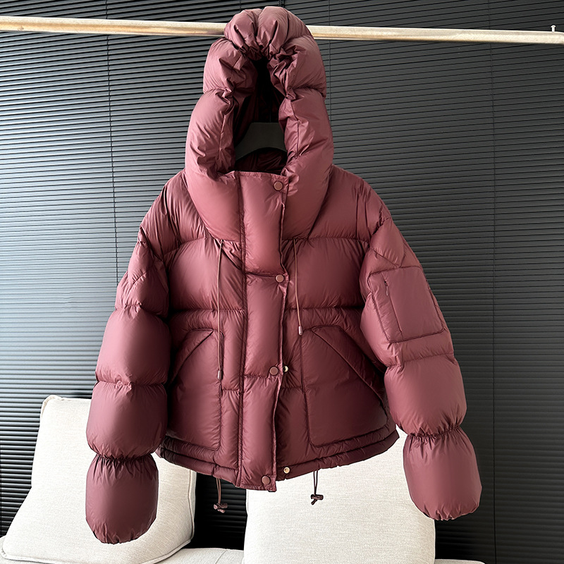 韩版短款连帽面包服羽绒服女2023新款宽松加厚保暖软糯白鸭绒外套