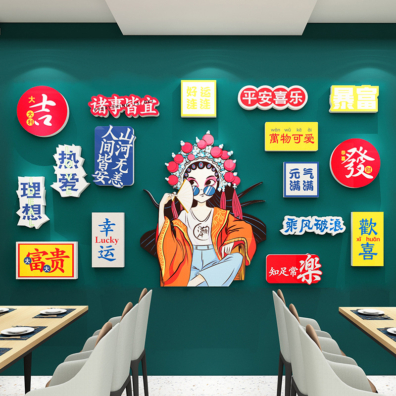 网红打卡拍照区背景墙贴国潮风布置烧烤饭店装饰创意墙面餐饮火锅