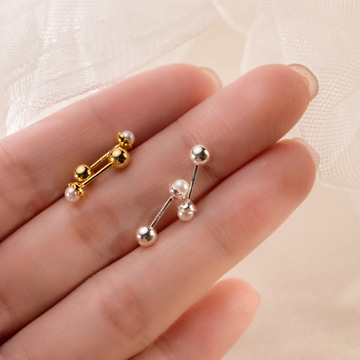 s925纯银小巧mini珠珠螺纹光珠耳钉日系少女气质耳饰g9798