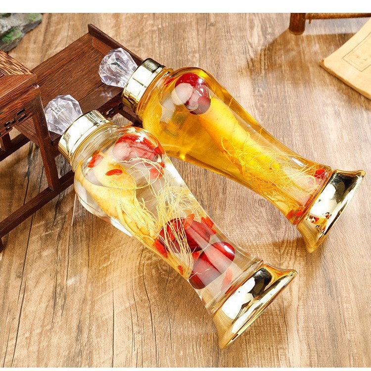 现货供应韩国时尚泡酒瓶子人参酒养生玻璃空瓶宽口带底座白酒瓶子