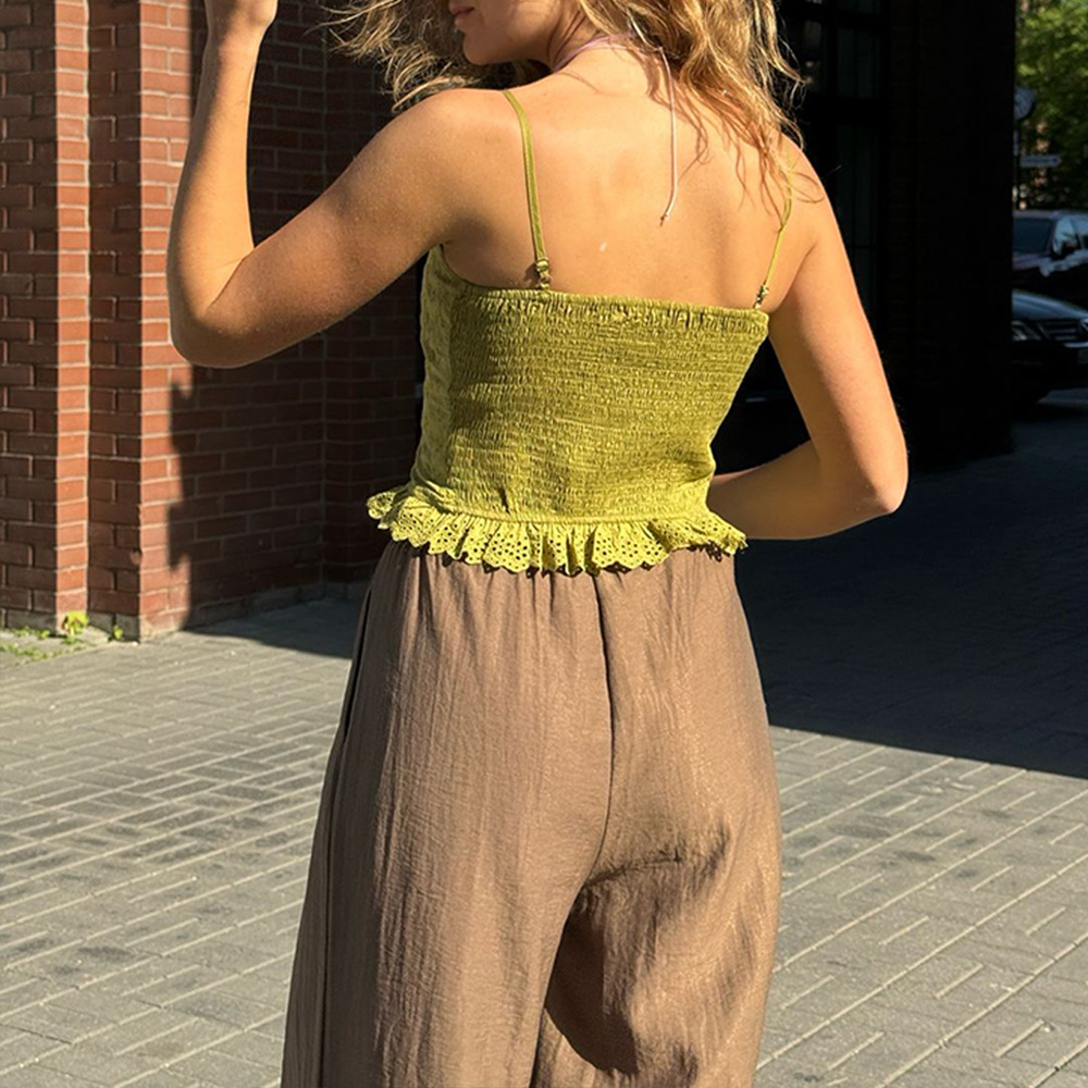 欧美2024夏秋季新款吊带提花蕾丝系带复古上衣田园风外穿短款背心