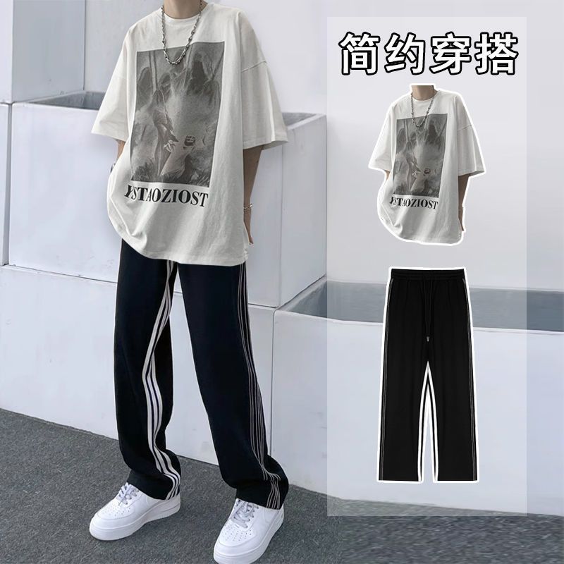 港风夏天两件套装男生韩版潮流初中学生男装夏季搭配休闲一套衣服