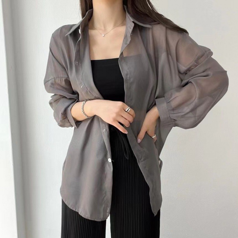 Korean Temperament Long Sleeve Summer Design Thin Slightly Transparent Long Sleeve Coat Sun Protection Shirt Chic Casual Loose Shirt