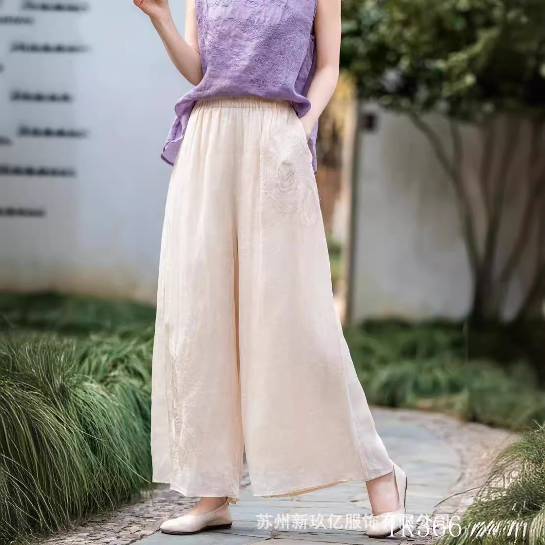 2024夏季新款苎麻刺绣阔腿裤女文艺时尚松紧腰纯色百搭简约九分裤