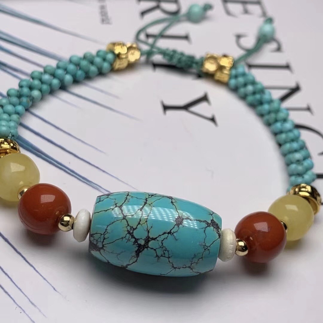 批发新款湖北原矿绿松石桶珠手链diy编织手串女款搭配天然彩宝