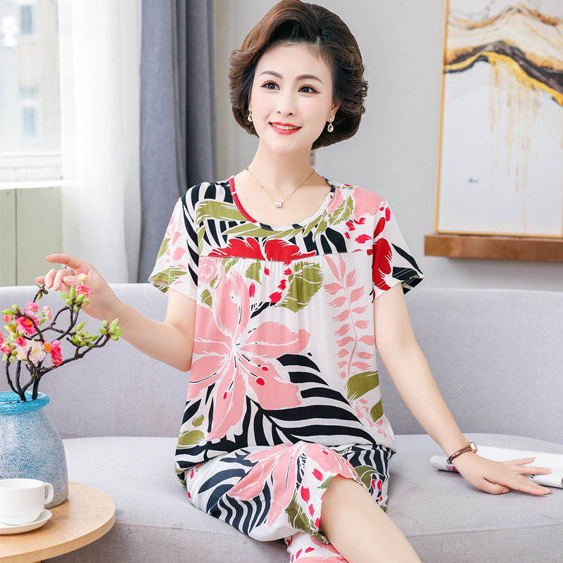 Pajamas Women's Summer Mom Poplin Pajamas Suit Middle-Aged and Elderly Short-Sleeved Home Wear Large Size Elderly Pajamas Can Be Worn outside