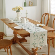 跨境长条美式风格刺绣棉麻餐桌布茶几桌垫家居桌装饰布流苏桌旗