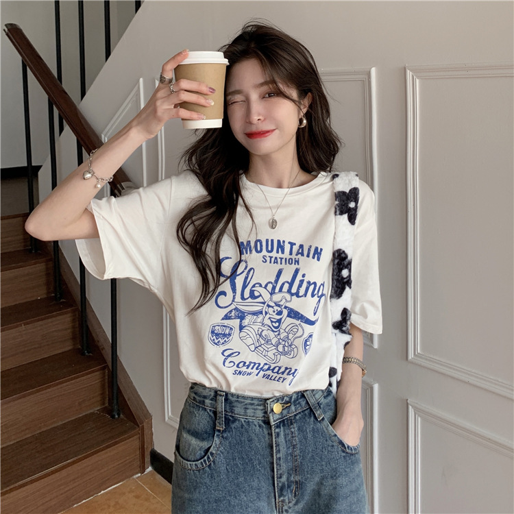 Summer New Style White Short-Sleeved T-shirt Women's Korean-Style Loose Slimming and Fashionable Hot-Selling Floral-Print Cotton round Neck Top Fashion