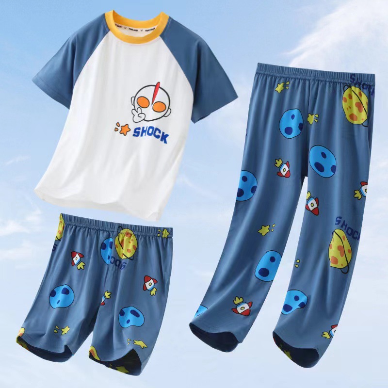 Summer Cool Thin Tencel Modal Children's Loungewear Pajamas Air Conditioning Room Clothing Short Sleeve Shorts Trousers Three-Piece Suit