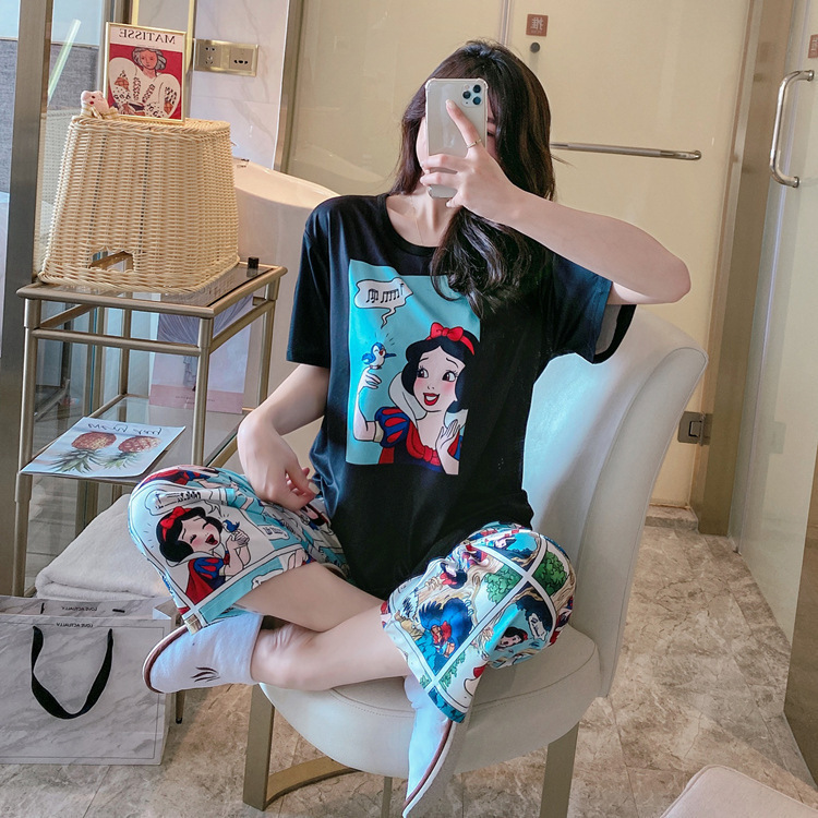 Pajamas Summer Suit Student Ins New Short-Sleeved Trousers Plaid Pants Loose Large Size Korean Cartoon Home Wear