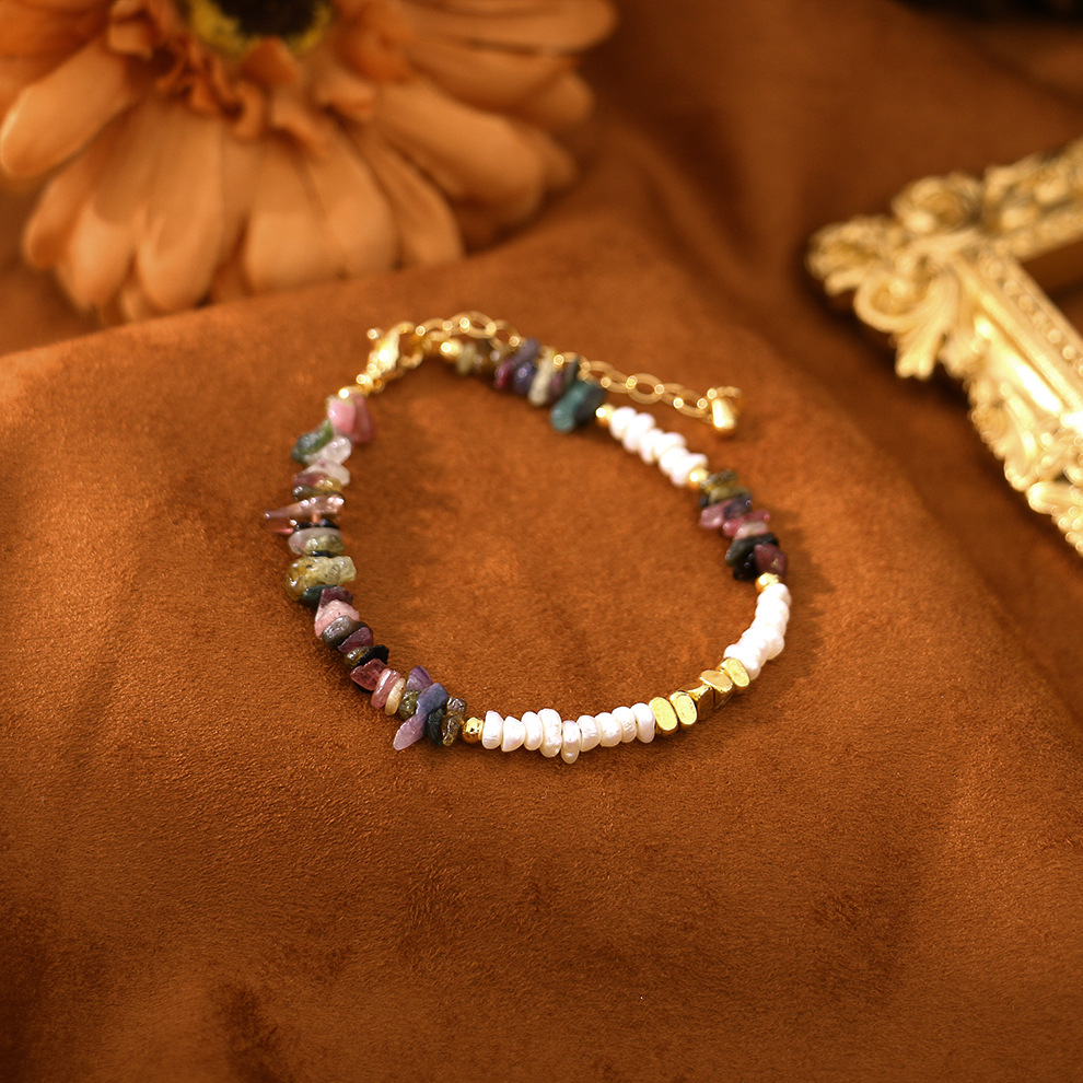 Original Flat Beads Match Tourmaline Freshwater Pearl All-Match Bracelet Niche Design Light Luxury Bracelet Girlfriends Student Jewelry