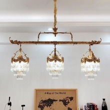 法式灯全铜三头长形餐厅水晶吊灯奢华客厅灯卧室灯纯铜灯具