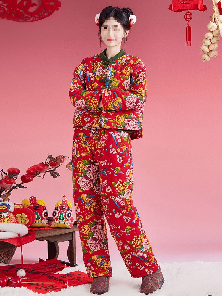东北大花袄大棉袄冬季时尚花棉袄加厚棉服东北棉衣棉裤女外穿套装